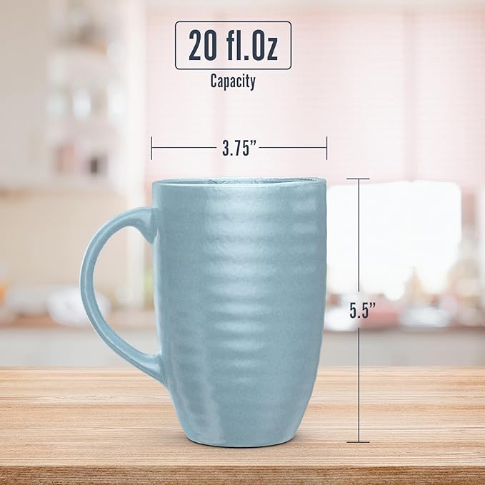 Set of 4 Oversized 20oz Tall Ceramic Latte Coffee Mugs, Gift Set for Cococa, Tea and More. With Large Handles; Dishwasher and Microwave Safe. (Blue)