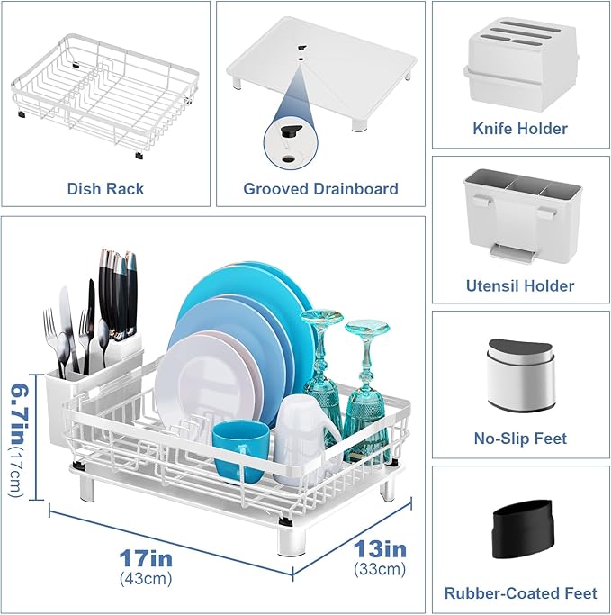MOUKABAL Dish Drying Rack, Dish Rack, Large Dish Racks for Kitchen Counter, Drying Rack Kitchen with Removable Utensil Holder, Drainboard 16.9" x 12.9" x 5.9"(White)