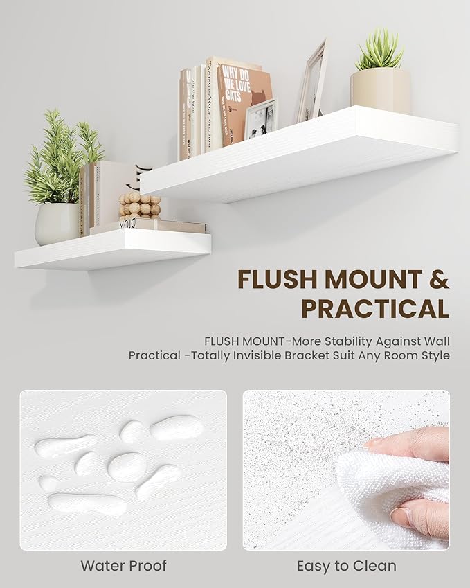 Marsmiles 72" Floating Shelves for Wall, Wooden Shelves with Invisible Brackets Set of 2, Rustic Farmhouse Wall Mounted Shelf for Kitchen Bathroom Living Room Study, White