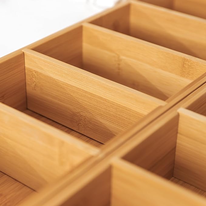 Premium Kitchen Utensils and Junk Drawer Organizer – Small 5-Compartment Design with 4 Removable Dividers, Non-Slip Feet, 100% Sustainable Bamboo