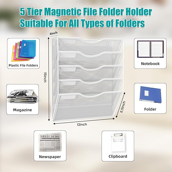 5-Tier Magnetic File Organizer, No Drilling Installation, White Magnetic Paper Holder, Magazine Rack for Refrigerator and File Cabinets