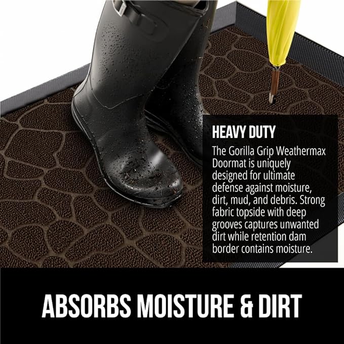 GORILLA GRIP 100% Waterproof All-Season WeatherMax Doormat, 47x35, US Designed Natural Rubber, Stain and Fade Resistant, Low Profile Indoor Outdoor Door Mats, Easy Clean Patio Mat, Dark Brown Pebble