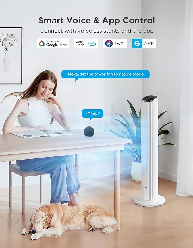 GoveeLife White Tower Fan for Bedroom, 36" Smart Floor Fan with App/Voice Control, Temperature Sensor, 5 Modes 8 Speeds(25ft/s), 29dB Quiet Oscillating Fan for Office, 24H Timer, Auto Cooling