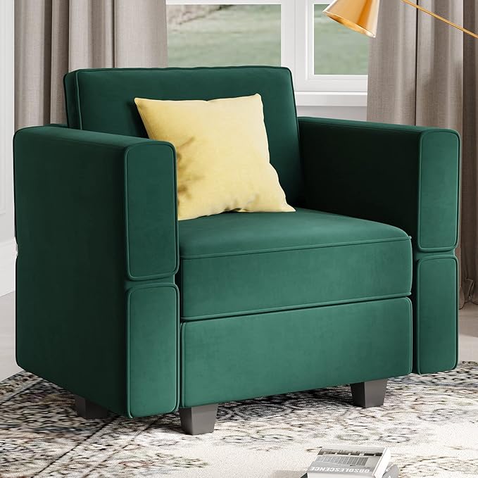 Belffin Velvet Modular Sectional Arm Chair Accent Chair with Storage Seat Single Club Chair for Apartment Green