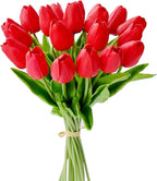 Mandy's Artificial Tulips 20 Stems Red PU Faux Flowers for Wedding Home Decor 13.5 Inch