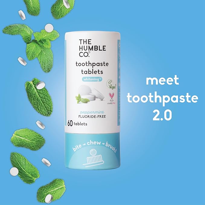 The Humble Co. Whitening Toothpaste Tablets – Fluoride Free Toothpaste Whitening Tablets, Dentist Developed Formula, Vegan, SLS Free, Plastic Free (Peppermint, 2 PK)