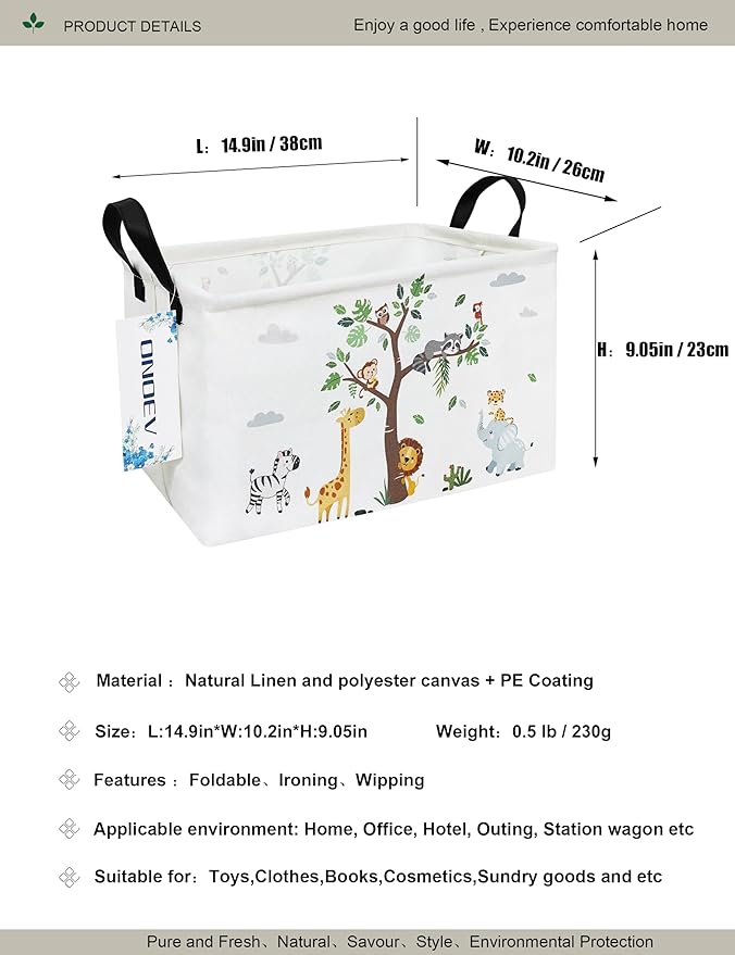 Rectangular Folding Laundry Basket,waterproof Canvas Basket,gift basket,Suitable for children's room,Office,Clothes,Toys Storage(Tree Animals)