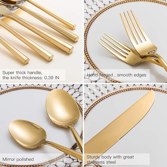 Gold Silverware Set Flatware Set Stainless Steel Cutlery Set 60 Pieces Thick Heavy Hexagon Handle Service for 12