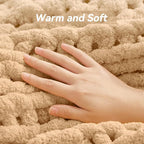 Chunky Knit Throw Blanket, 30''*40'' Knitted Throw Chenille Yarn for Bed Couch, Handmade Beige Crochet Big Thick Blanket, Machine Washable Cute Comfy Blanket for Home Decor