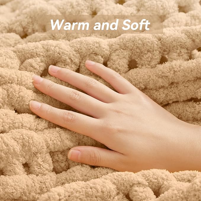 Chunky Knit Throw Blanket, 80''*90'' Knitted Throw Chenille Yarn for Bed Couch, Handmade Beige Crochet Big Thick Blanket, Machine Washable Cute Comfy Blanket for Home Decor