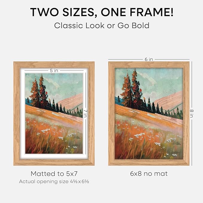 Homeforia 6x8 Picture Frame Natural Wood, High End Oak 6x8 Light Wooden Frames with Mat 5x7 for Photo, 6 x 8 Frame Matted to 5 x 7 Print, 8x6 Wall or Tabletop Frame, Tempered Glass, Wall Kit, Set of 1