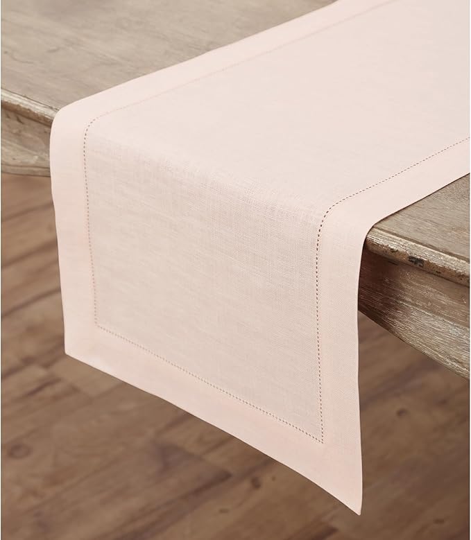 Solino Home Linen Pink Table Runner 48 Inches - Classic Hemstitch, 100% Pure Linen Coffee Table Runner 14 x 48 Inch Ideal for Dresser Tables - Halloween