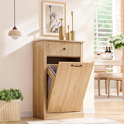 Modern Tilt-Out Trash Can Cabinet, 10 Gallon Fluted Laundry Hamper Cabinet with Drawers, Wooden Hidden Garbage Can Cabinet w/Storage Basket, Free Standing for Kitchen & Living Room,Natural Oak