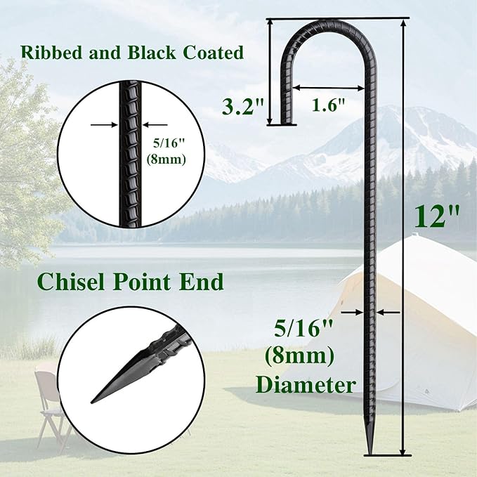 Rebar Stakes 12 Inch 20 Pack J Hook Ground Stakes Heavy Duty Chain Link Fence Stakes Galvanized Anchors Metal Tent Stakes for Wire Fencing Concrete Forming Trampolines Camping Canopies Shed Swing