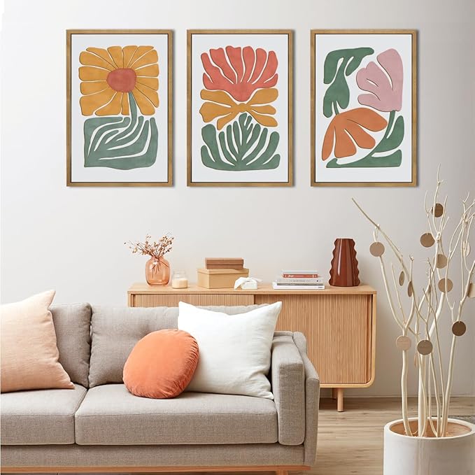 Large Abstract Boho Floral Wall Art Set Colorful Botanical Wood Wall Decor Modern Mid Century Artwork Neutral Bohemian Art Decor for Living Room Bedroom Office-16x24Inch x3
