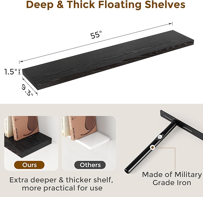 Fun Memories Floating Shelves 55 Inch Set of 2, Black 55 x 9 Wall Shelves for Home Decor Storage, Rustic Wood Floating Shelf for Wall, 9 Inch Deep Shelving for Bathroom, Living Room, Kitchen