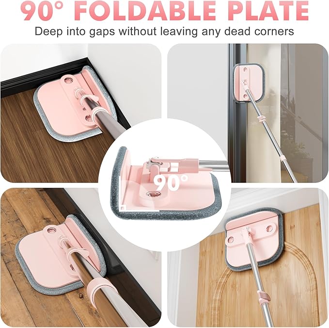 Upgraded Spin Mop and Bucket Self-Standing Mop Bucket Separate Dirty and Clean Water System Self Wringing 360° Rotating & 90° Foldabl Mops and Buckets for Floor Cleaning (Pink, 10Pads)