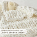 Chunky Knit Blanket Throw, 100% Hand Knit Throw Blanket Handmade Chenille Cable Knit Throw for Couch, Stylish Cozy Soft Rope Knot Crochet Blanket for Home Decor, Ivory, 50x60 Inches