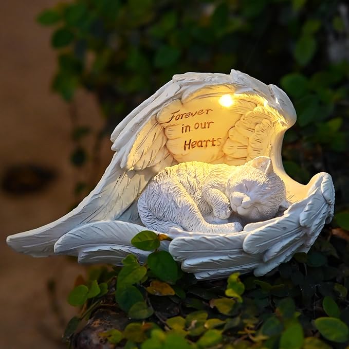 Pet Cat Solar Garden Memorial Statue – Outdoor Resin Angel Kitty with Solar Light, Guardian Angel Kitten Memorial Gift for Patio, Lawn, Yard, or Garden Decor