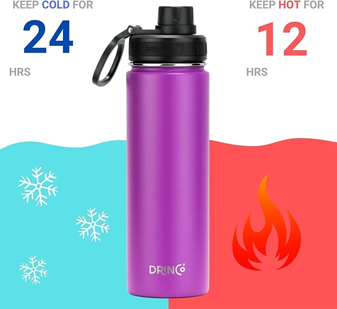 DRINCO Stainless Steel Water Bottle Spout Lid Vacuum Insulated Double Wall Water Bottle Wide Mouth (40oz 32oz 22oz 18oz 14oz) Leak Proof Keep Cold Sport Camping Hiking (22 oz, 22oz Purple)