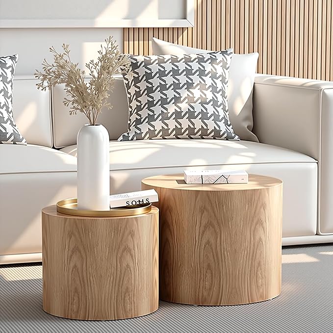 Nesting Coffee Table Set of 2, Modern Round Coffee Table with Non-Slip Feet, Oak Wooden Circle Accent Tables for Small Spaces Living Room Bedroom Balcony Office Drum Side Table