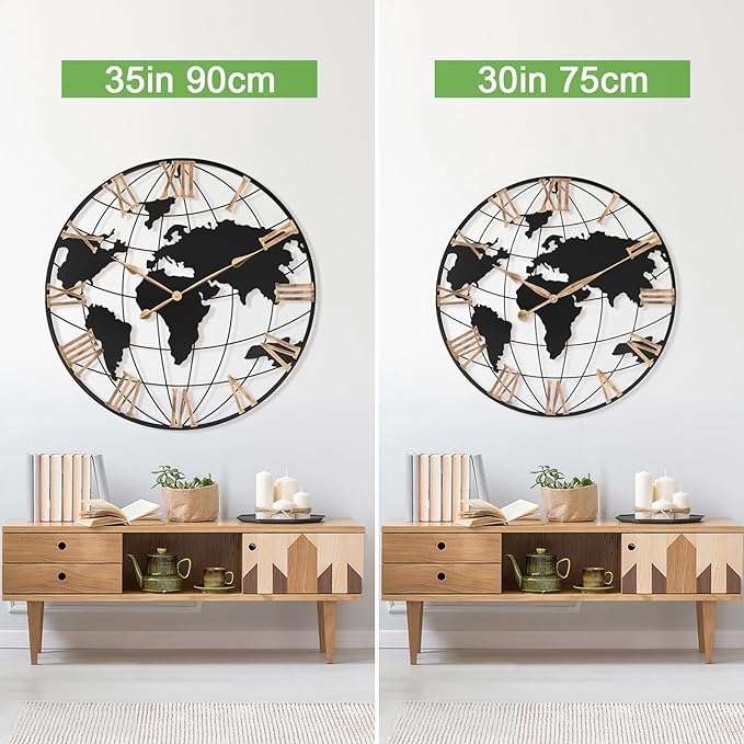 36 Inch Extra Giant Oversized Black Metal Wall Clock,Large Modern Decorative Silent World Map Wall Clock with Vintage Gold Roman Numeral for Living Room,Entrance Fireplace,Dining Room Decor