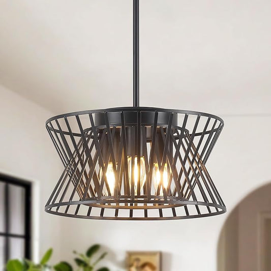 3-Lights Black Pendant Light Vintage Geometric Chandelier Light Fixture Adjustable Metal Lighting Fixtures for Kitchen Room Dining Room Foyer