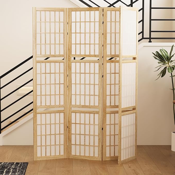 5.6FT Room Divider and Folding Portable Partition Screen, Chinese Japanese Shoji Style with Three Display Shelves for Room Separation - 4 Panel (Natural)