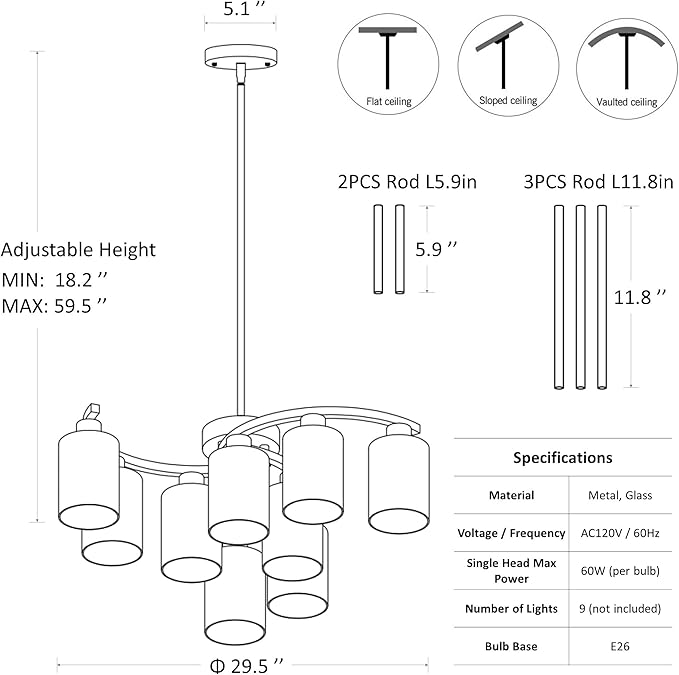 9-Light Brushed Nickel Glass Chandelier, Adjustable Height Hanging Industrial Dining Room Chandelier Over Table, Modern Farmhouse Chandelier for Kitchen Island Living Room Entryway Bedroom