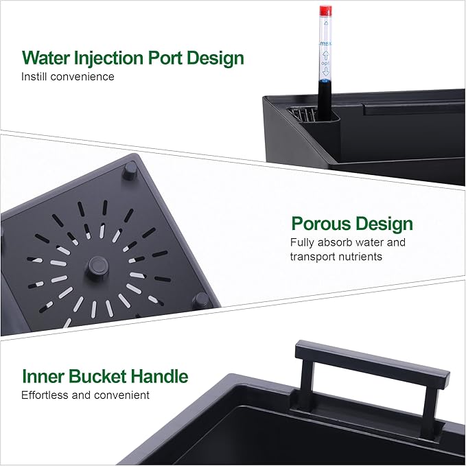 22.5" Tall Planters Set of 2, Outdoor＆Indoor Black Planter Pots, High Front Porch Planter Pots with Drainage Holes＆Water Level Monitor＆Inner Bucket, Automatic Watering, Black
