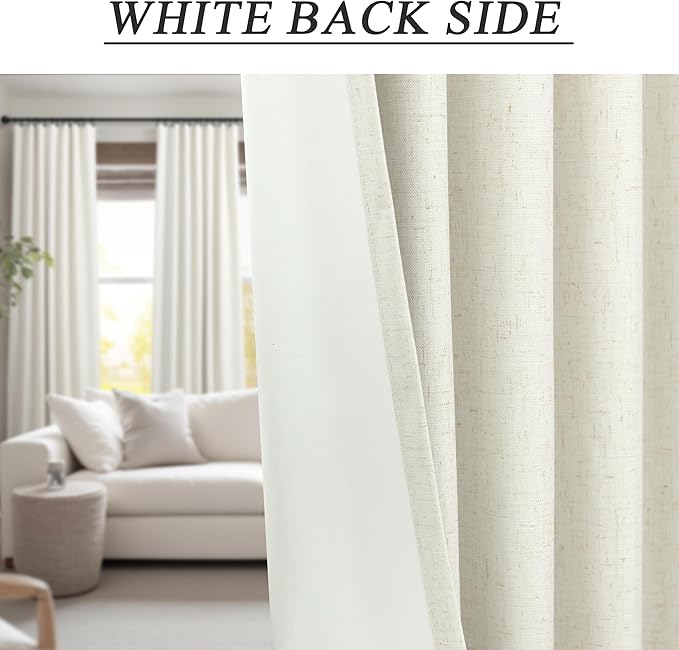 Total Blackout Linen Curtains 108 Inch Length 2 Panels Set for Bedroom Heat Cold Light Blocking Noise Reduction Cotton Linen Drape 9ft Long Floor to Ceiling Patio Sliding Door Curtain Cream White Back