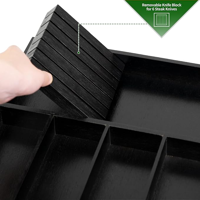 VaeFae Bamboo Silverware Organizer, Utensil Holder for Drawer, Wooden Cutlery Tray with Divider for Kitchen Drawer, Utensil Organizer with Knife Block（Black）