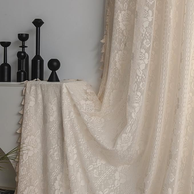 Sutuo Home Crochet Boho Curtains Rose Florals Embroidery, Sheer Lace Handmade Tassels Knitted Window Treatment Vintage Rustic Bohemian Farmhouse Drape for Bedroom Rod Pocket 1 Panel 59" W x 84" L