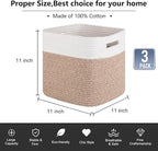 OIAHOMY Cube Storage Basket, 3-Pack Woven Cotton Rope Baskets, 11-Inch Cube Basket with Handles, Great for Shelves, Closets, Children's Toy Organization - White & Brown