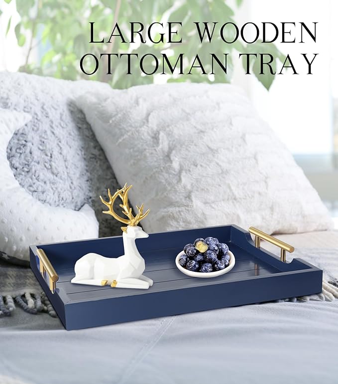 Coffee Table Tray - Large Ottoman Tray for Living Room - Wood Serving Tray with Handles(2 Sets) - Wooden Trays for Coffee Tables, 4 Round Coasters Included, Deep Blue