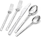 KINGSTONE 60 Piece Hammered Silverware Set, 18/10 Stainless Steel Flatware Set for 12, Cutlery Set for Home, Party, Wedding, Mirror Polished Dishwasher Safe