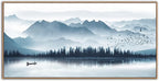 Indigo Framed Canvas Wall Art Misty Mountain Wall Pictures Foggy Lake Boat Canvas Painting Prints Forest Birds Canvas Wall Decor for Living Room Bedroom Decorations Natural Framed 24" x 48"