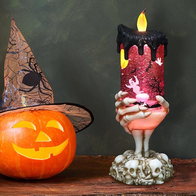 Eldnacele Halloween Snow Globe Candles Lighted Lamp USB Powered Battery Operated Spooky Spinning Water Glittering Tornado Flameless Candles Skeleton Hand Holder Halloween Centerpiece Decor(Ghost)