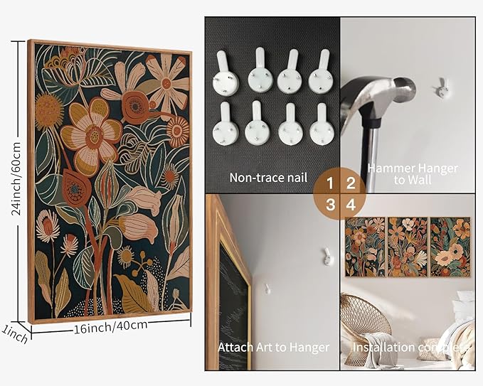 Tinonedraw Vintage Burnt Orange Floral Framed Canvas Wall Art Set of 3, Boho Chic Flower Artwork, Mid Century Modern Plant Wall Decor, Colorful Neutral Botanical Art Prints for Bedroom Living Room Office 16"x24"