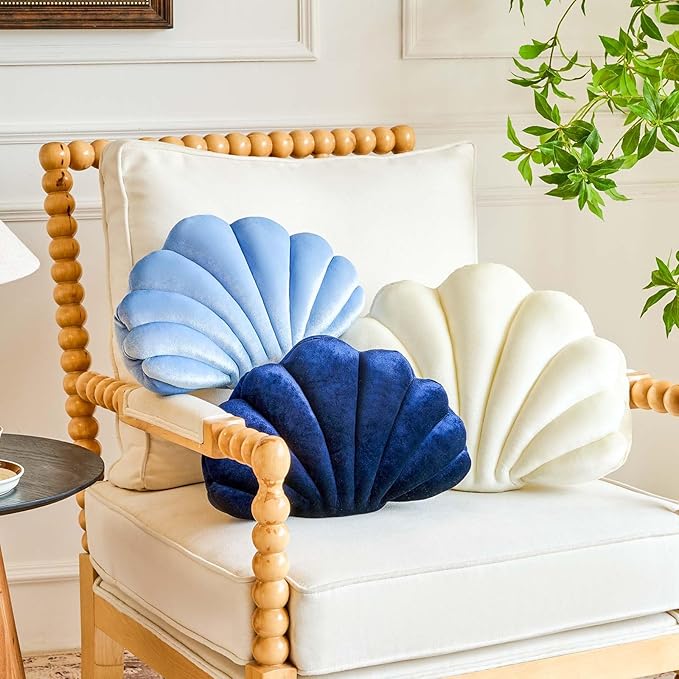 Navy Blue Seashell Throw Pillows, Shell Shaped Throw Pillows, 13 Inch Soft Velvet Home Decorative Pillow Plush Cushion for Bed Couch Living Sofa Room Decor Accent Throw Pillow