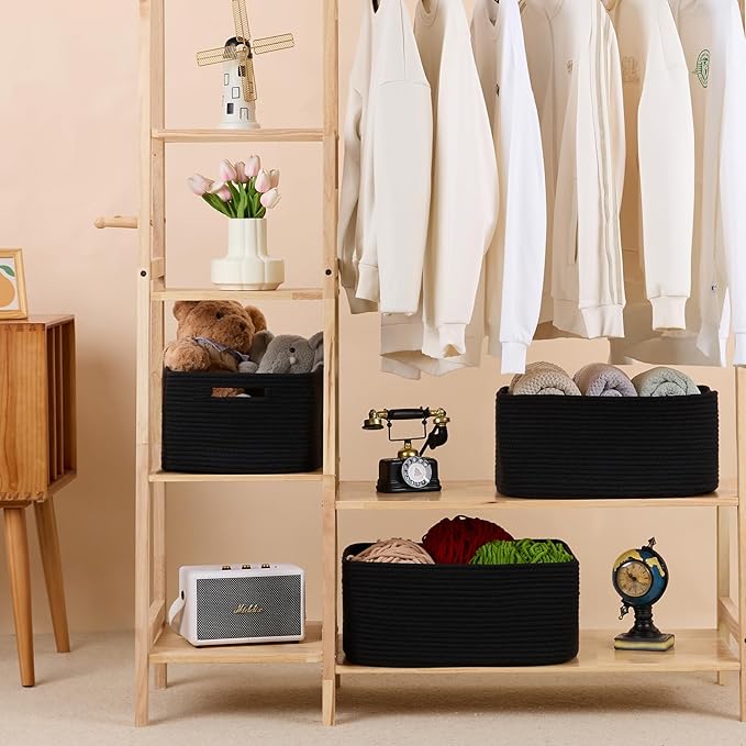 Large Storage Baskets for Shelves, Closet Organizers Bins for Clothes Blanket Towels, Baby Nursery, Toy Baskets Box, Woven Rope Baskets, 17 x 13 x 7.5”, 3 Packs Black