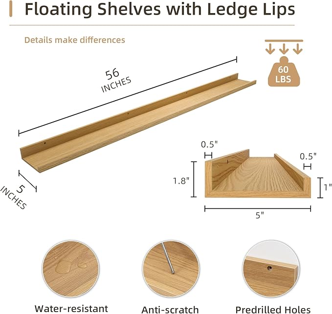 Picture Ledge Shelf, Wood Long Floating Shelves for Wall, Set of 2, 56 inch Picture Ledge Shelves, Photo Ledge Nursery Book Shelves Wall Mounted for Living Room Kids' Room Bedroom, Color Oak