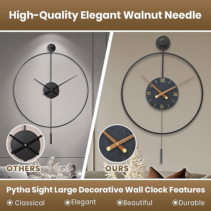 Large Modern Wall Clock,Wall Clocks for Living Room Decor,Classical Metal Minimalist Roman Numeral Dial,Big Decorative Farmhouse Pendulum Wall Clock With Walnut Pointers for Office,Dining Room