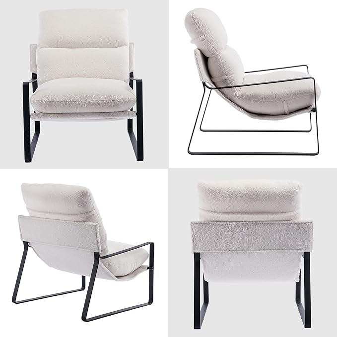 DUOMAY Modern White Sherpa Accent Chair Set of 2, Comfy Lounge Lazy Chair with Metal Leg, Mid-Century Corner Arm Chair for Living Room Bedroom Office Apartment