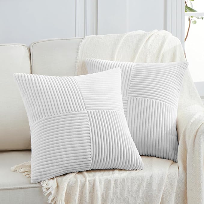 Fancy Homi 2 Packs Pure White Decorative Throw Pillow Covers 22x22 Inch for Living Room Couch Bed, Rustic Farmhouse Boho Home Decor, Soft Corss Corduroy Patchwork Accent Square Cushion Case 55x55 cm