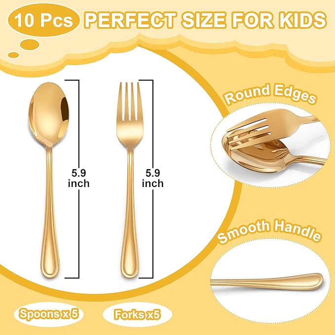 E-far 10-Piece Gold Toddler Utensils, Kid Stainless Steel Silverware Set, Children Safe Forks and Spoons Set for Self Feeding, Healthy & Non-Toxic, Mirror Polished & Easy to Clean