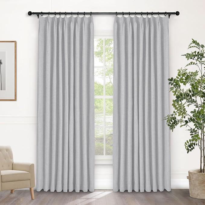 Macochico 52”Wx96”L 100% Blackout Curtains for Bedroom Living Room Nursery Silver Grey Pinch Pleated Linen Curtains Farmhouse Burlap Drapes Thermal Window Panels with Hooks and Tieback 1 Panel