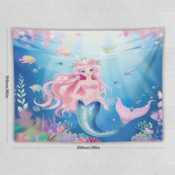 HZOHNAGO Mermaid Girls Tapestry Watercolor Mermaid Princess Pattern Printed Wall Tapestry Wall Hanging for Bedroom Living Room Dorm 80" W x 60" H