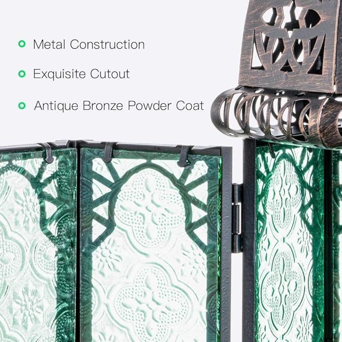 NEEDOMO Hanging Moroccan Lantern, 11'' Vintage Candle Holder, Metal Lanterns Decorative Indoor Outdoor, Table, Patio, Porch, Shelf, Gothic Home Decor (Green, Medium Size)