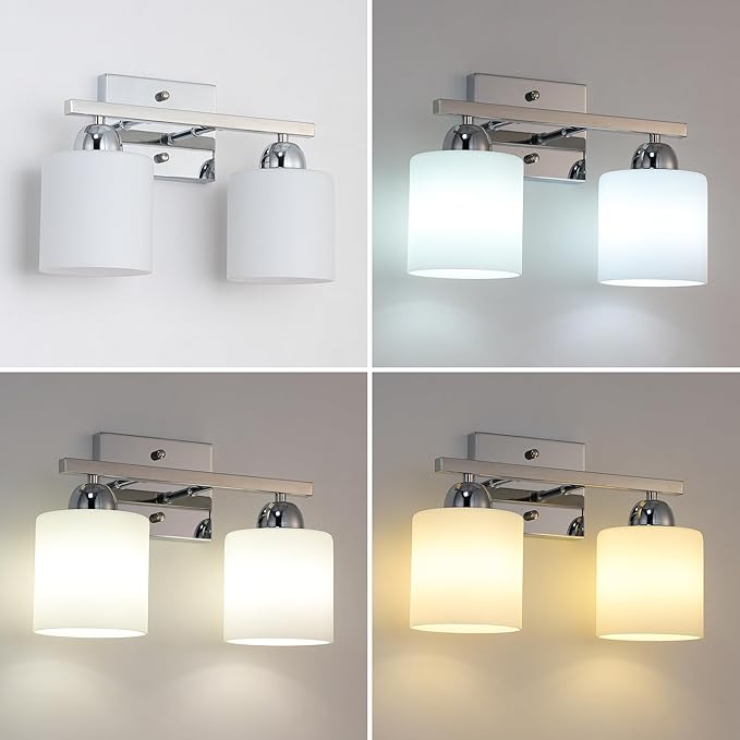 Stainless Steel Milk Glass Vanity Lights for Bathroom, 2 Light Chrome Bathroom Light Fixtures Over Mirror, Ceramic E26 Sockets Wall Mounted